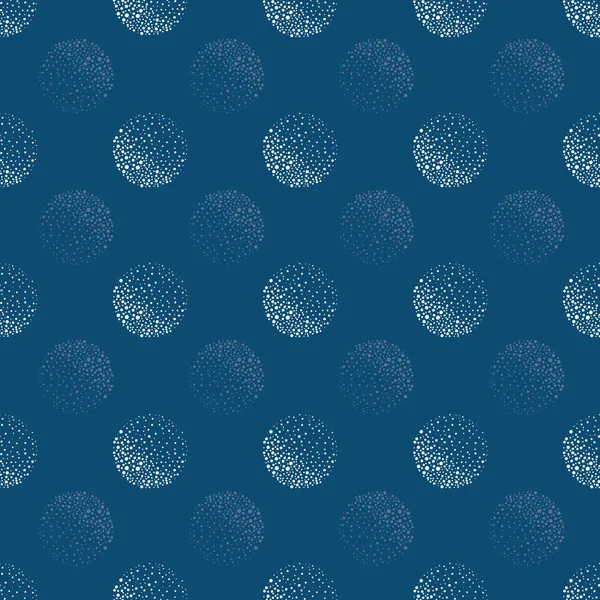 Diseño geométrico de círculos punteados blancos abstractos. Patrón de vector sin costuras sobre fondo azul con elementos transparentes. Ideal para el bienestar, productos de spa, moda, papelería, envoltura de regalo — Archivo Imágenes Vectoriales