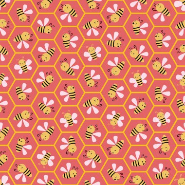 Petek hücrelerinde sevimli karikatür bal arıları. Mercan pembesi arka plan üzerinde dikişsiz geometrik vektör deseni. Çocuklar için büyük, bahçe, anaokulu, okul, gıda ürünleri, kırtasiye, giftwrap