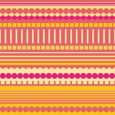 Neon pembe, turuncu ve sarı dikdörtgenler, daireler ve çizgili geometrik tasarım. Tropikal vibe ile canlı dikişsiz vektör deseni. Refah, yaz ürünleri, tekstil, homedecor, kırtasiye için harika