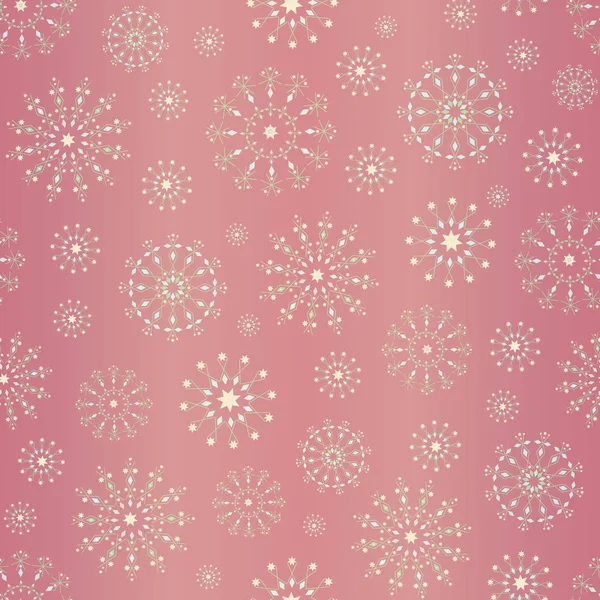 부드러운 핑크 골드 호일 배경에 우아한 눈송이 크리스마스 디자인입니다. 원활한 벡터 패턴. 직물, 카드 및 선물 포장, 파티 초대장, 전단지, 그래픽 디자인 용도, 휴일 직물 — 스톡 벡터