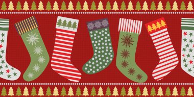 Geleneksel renklerde Funky Noel çorap sınır tasarımı. Dokulu kırmızı arka plan üzerinde dikişsiz vektör deseni. Şenlikli ürünler, giftwrap, scrapbooking, kırtasiye, kumaş döşeme, kurdeleler için harika