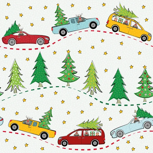 漫画のトナカイ、車、クリスマスツリーや星とファンキーなマルチカラー冬の風景。明るいテクスチャの背景上のシームレスなベクトル パターン。すべてのクリスマス製品、文房具の招待状に最適 — ストックベクタ