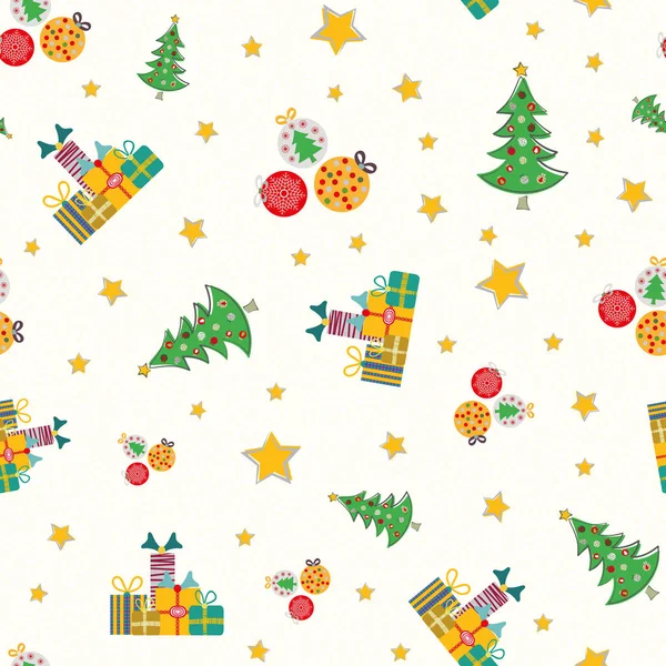 手描きの多色のクリスマスツリー、ギフトボックス、ボーブルや星のデザイン。明るいテクスチャの背景上のシームレスなベクトル パターン。すべてのクリスマス製品、文房具の招待状、ギフトラッピングに最適 — ストックベクタ