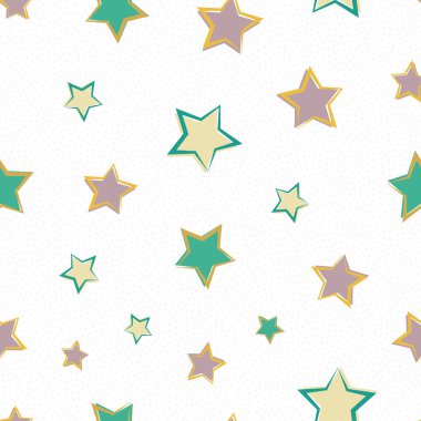 Altın, gümüş, teal ve düsky pembe çizgi sanat yıldız ofset renk Dikişsiz vektör desen beyaz kar tanesi doku arka plan. Noel için büyük, kış ürünleri, kırtasiye, davetiyeler, parti