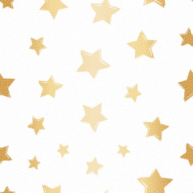 Altın folyo çizgi sanat tarzı yıldız baskı her yerinde. Bindirme noktalı doku ile beyaz arka plan üzerinde dikişsiz vektör deseni. Noel veya düğün ürünleri, giftwrap, ambalaj, kırtasiye için büyük,
