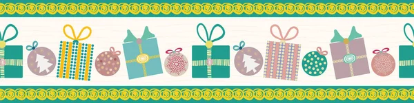 Veselé vánoční hranice s ručně kreslenou šedomodrou a tmavorůžový růžovými dárky a s rozhnivými vektorovými vzory na bílém pozadí se zlatým dolem. Skvělé pro stužky, nápisy, dekorativní pásku — Stockový vektor