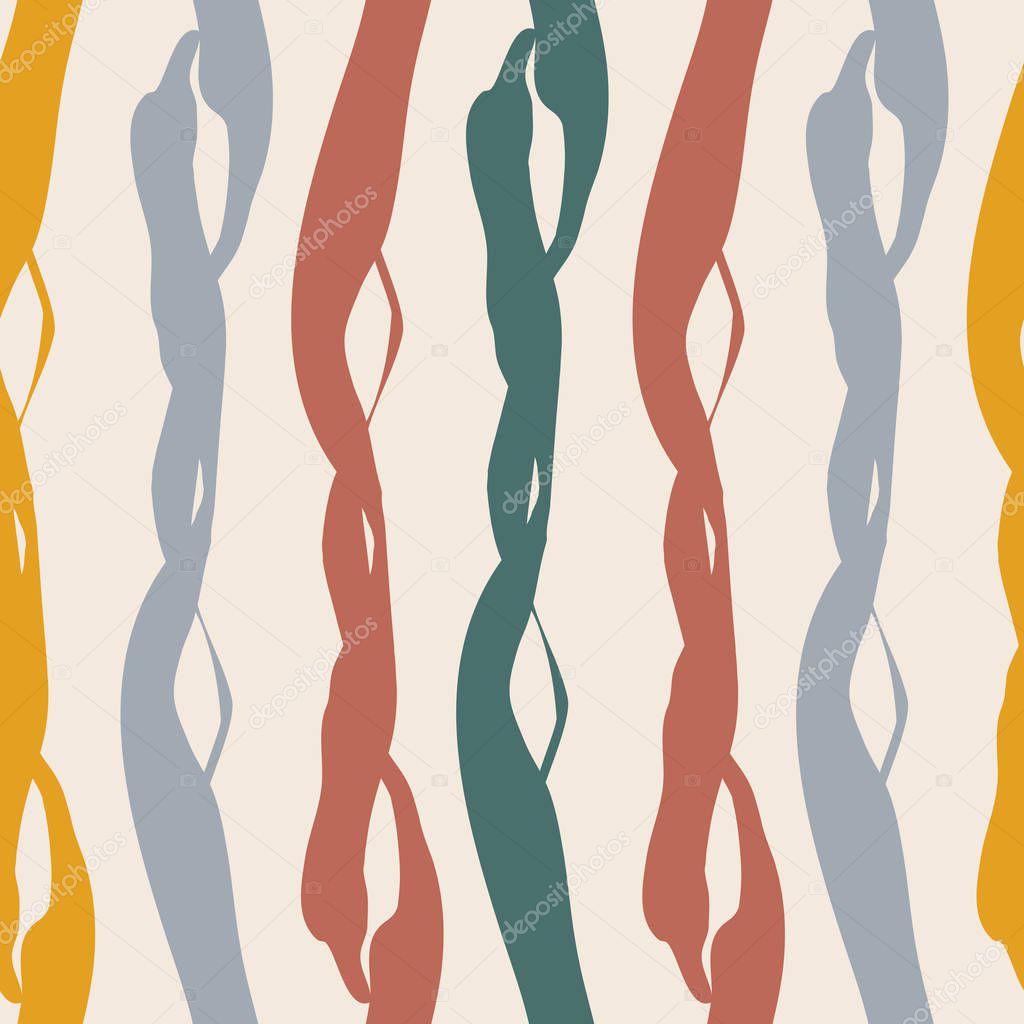 Painterly weave effect vertical stripes in warm tones of teal, red purple and orange. Seamless vector pattern on light background with homespun feel. Great for wellbeing, packaging, graphic design