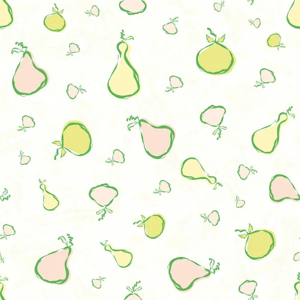 Poires et pommes dessinées à la main en vert pastel, rose et jaune. Modèle vectoriel sans couture frais sur fond texturé aquarelle jaune blanc. Idéal pour le bien-être, les produits alimentaires, la papeterie, l'emballage — Image vectorielle