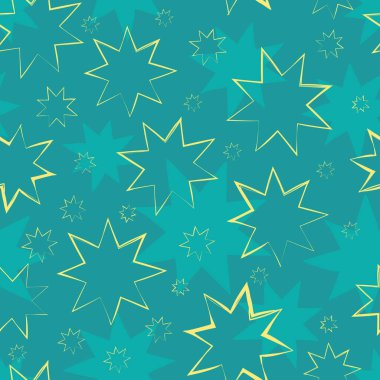 Güzel el resimli tasarım altın parlak yıldız çizilmiş. Dokulu teal arka plan üzerinde dikişsiz vektör deseni. Noel ve kış ürünleri, giftwrap, kırtasiye, kutlama için mükemmel.