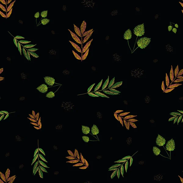 Zářivý oranžový a zelený podzimní listí s abstraktními tečkami v designu s dřevinovými styly. Bezproblémový vektorový vzorek na černém pozadí. Skvělé pro wellness, podzim, zahradní produkty, tkaniny, šnekové rezervace zabalit — Stockový vektor