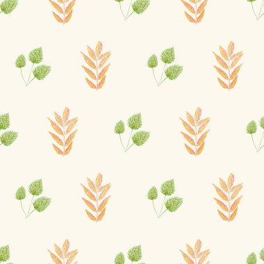 Ahşap tarzı tasarım canlı turuncu ve yeşil sonbahar yaprakları. Hafif krem arka planda dikişsiz vektör deseni. Sağlıklı yaşam, sonbahar, bahçe, sağlık ürünleri, kumaş, scrapbooking giftwrap için büyük.