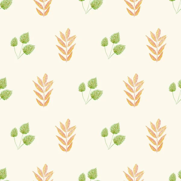 Folhas vibrantes de outono laranja e verde em design estilo xilogravura. Padrão de vetor sem costura no fundo creme de luz. Ótimo para bem-estar, queda, jardim, produtos de saúde, tecido, scrapbooking . — Vetor de Stock