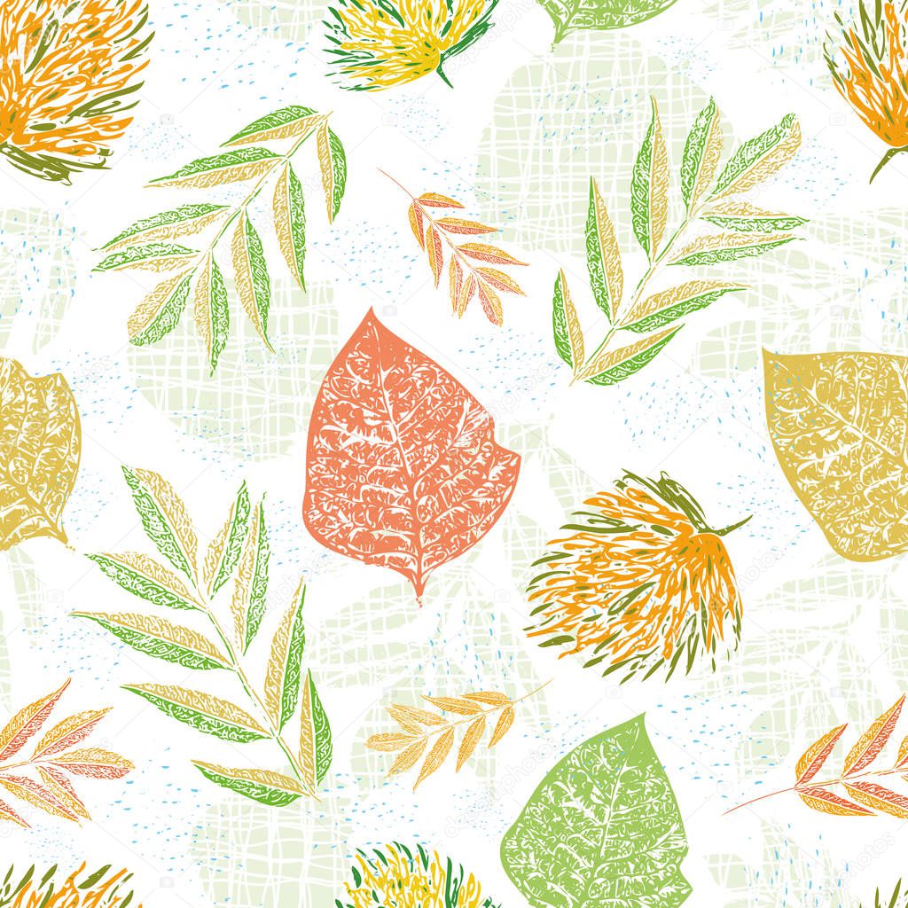 Beautiful orange and green autumn leaves with blue speckles in woodcut style design. Seamless vector pattern on textured layered leaf light background. Great for wellness, garden packaging, fabric