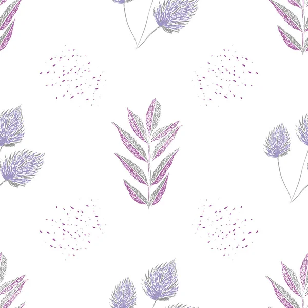 Pastel púrpura selección de hojas con puntos abstractos en diseño de estilo xilográfico. Patrón de vector sin costuras sobre fondo blanco. Ideal para el bienestar, salud, productos de jardín, tela, embalaje, papelería — Archivo Imágenes Vectoriales
