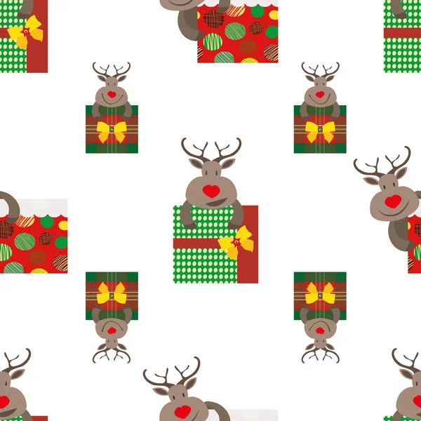 赤、緑、金のカラーデザインでかわいい漫画のトナカイハグプレゼント。白い背景にシームレスなベクトルパターン。クリスマス製品、ギフトラップ、文房具、パッケージング、グラフィックアセットに最適 — ストックベクタ