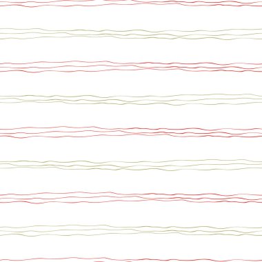 Yatay geometrik tasarımda kırmızı ve yeşil el çizilmiş karalama çizgileri. Beyaz arka planda dikişsiz vektör deseni. Refah, mevsimlik ürünler, ambalaj, kırtasiye hediye paketi için harika