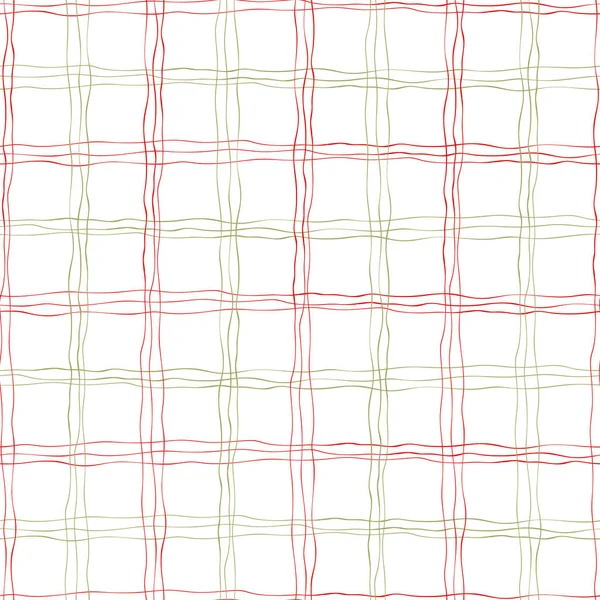 Weave effect strands of red, green and gold hand drawn doodle lines in geometric grid design. Seamless vector pattern on white background. Great for wellbeing, seasonal packaging, stationery giftwrap. — Stock Vector