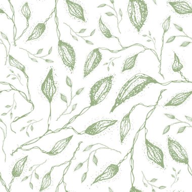 Sofistike el vintage tarzı yeşil yaprakların kaynaklanıyor çizilmiş. Beyaz arka planda dikişsiz vektör deseni. Sağlık ve sağlık ürünleri, ambalaj, kumaş, ambalaj kağıdı, duvar kağıdı için harika