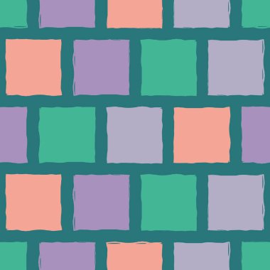 Canlı mozaik tarzı el mercan boyalı, mor ve yeşil fayans. Teal arka plan üzerinde dikişsiz geometrik vektör deseni. Organik, modern tarzda. Kırtasiye, giftwrap, ambalaj, ev dekorasyonu için harika