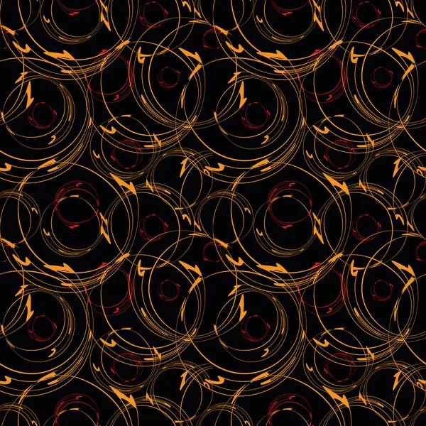 Handgetekende penseelstreek cirkels vlekken kunst in warm goud en rood. Naadloze vector patroon op zwarte achtergrond. Ideaal voor herfst, kerstproducten, behang, scrapbooking, verpakking, grafisch ontwerp — Stockvector