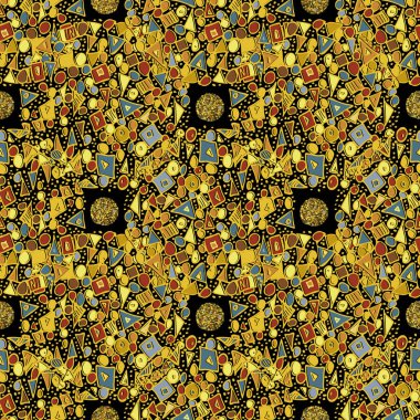 İzole edilmiş altın halkaları olan çok şekilli güzel altın geometrik tasarım. Siyah arkaplanda kusursuz geometrik vektör deseni. Modern arabesk tarzı. Kırtasiye, hediye paketi, doku için harika.