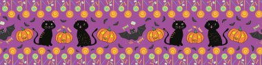 Kediler, yarasalar, balkabakları ve lolipoplarla çizilmiş çok renkli Cadılar Bayramı sınırı. Mor arka planda kusursuz vektör deseni. Pankartlar, parti ürünleri, davetiyeler, kenarlar, kırtasiye