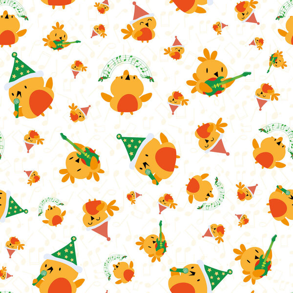 Веселый рождественский дизайн с мультяшными малиновками, играющими на гитаре, пением и танцами. Бесшовный векторный рисунок из золота, красного и зеленого на музыкальной ноте текстурированный белый фон. Отлично подходит для всех сезонных продуктов
