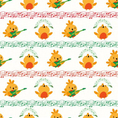 Funky cartoon robins playing guitar and dancing between lines of musical notes. Seamless vector pattern in gold, red and green on textured white background. Great for Christmas products, giftrwap clipart