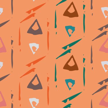 Çok renkli üçgenler ve geometrik tasarımdaki soyut çizgiler. Turuncu arka planda kusursuz vektör deseni. Sağlık, ev dekorasyonu, doku, ambalaj, hediyeler, hatıra defteri için harika.