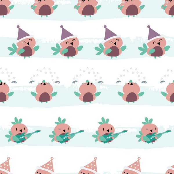 Cute cartoon robins in purple, pink and teal having fun dancing, singing and playing guitar. Seamless vector pattern on grunge effect striped ice blue and white background. Great for Christmas — ストックベクタ