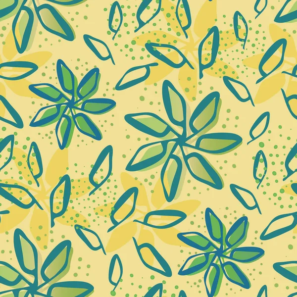 散在した花や葉のシームレスなベクトルパターンの背景。彩色した黄色の背景にオフセット色で葉を咲かせます。現代植物全体の印刷のためのギフトラップ、有機包装 — ストックベクタ