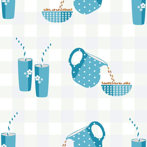 Mandel Milch Vektor nahtlose Muster Hintergrund. Hübsche blaue Trinkgläser und Krüge, die vor pastellfarbenem Hintergrund gesunde Nüsse in Schalen gießen. Überall Druck für alternative Milchprodukte, Ernährungskonzept — Stockvektor