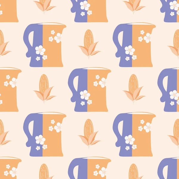 Fond de motif sans couture vecteur de lait d'amande. Fond violet orange pastel avec de jolies cruches et des plantes d'amande. Impression géométrique dessinée à la main pour une boisson saine alternative, concept nutritionnel — Image vectorielle