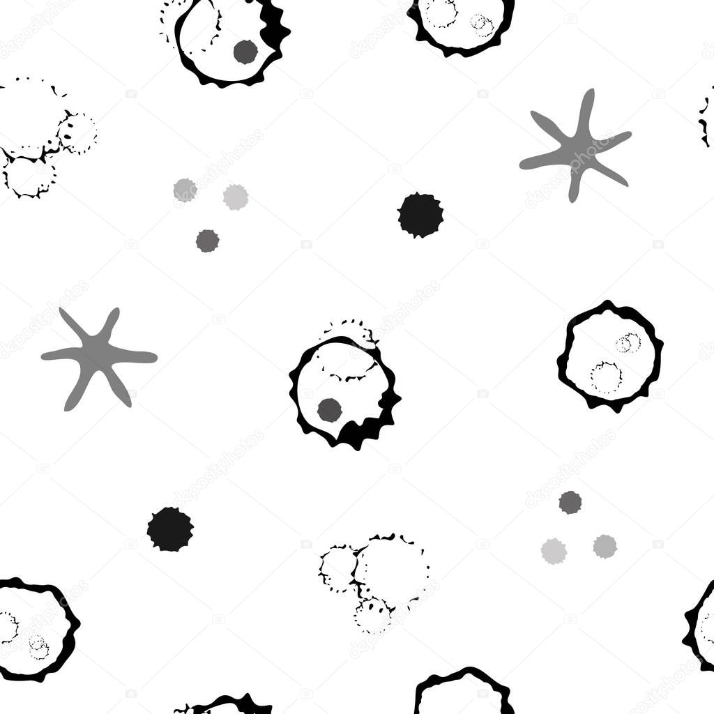 Abstract moon crater and stars vector seamless pattern background. Naive style hand drawn celestial asteroids black and white backdrop. Modern all over print of astronomical objects for space concept