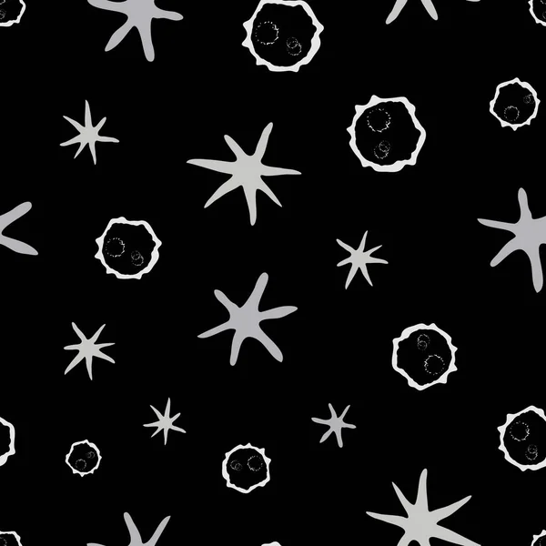 Conceptuele maankrater en sterren vector naadloze patroon achtergrond. Met de hand getekende hemelse asteroïden zwart zilveren achtergrond. Modern all over print van astronomische objecten in de ruimte voor stof, briefpapier — Stockvector