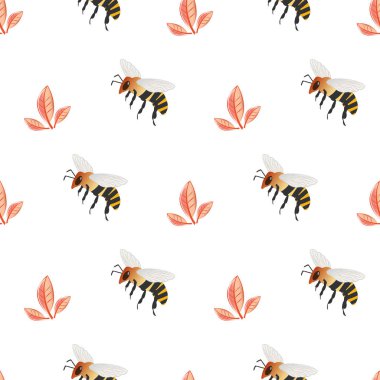 Bal arısı vektörsüz desenli arka plan. Narin çizgili el çizgili böcek ve ince yapraklı pastel arka plan. Bahçe böceği çizimi tekrarlanıyor. Yaz için tüm baskılar, yiyecek, koruma konsepti