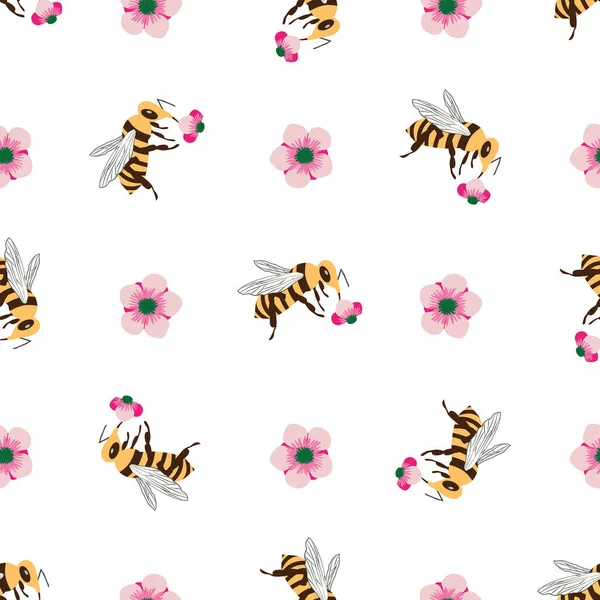 Vector honingbij en manuka bloem naadloze patroon achtergrond. Met de hand getekende gestreepte insect en bloemige roze witte achtergrond. Tuinwants illustratie. Overal print voor zomer, voedsel, conservering concept — Stockvector
