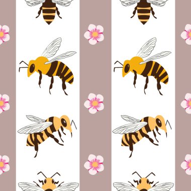 Vektör bal arısı ve manuka çiçeği arkaplan desenli. Uçan böcek çizgili çiçek desenli pembe arka plan. Geometrik bahçe böceği tasarımı. Yaz için tüm baskılar, yiyecek, koruma konsepti