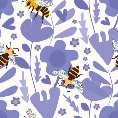Vektör bal arısı ve mor çiçek desensiz arkaplan. El çizgisi çizgili böcek ve çiçek arkaplanı. Bahçe böceği çizimi. Yaz için tüm baskılar, yiyecek, koruma konsepti
