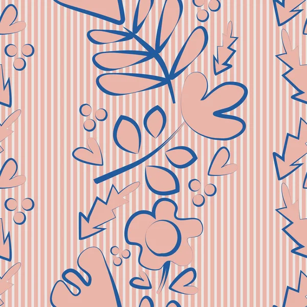 Цветы дикого луга бесшовные векторные рисунки фона. Ботанический розовый цветок с синей линией на тонком полосатом фоне. Современный винтажный стиль геометрического дизайна. По всей печати для ткани, упаковки . — стоковый вектор