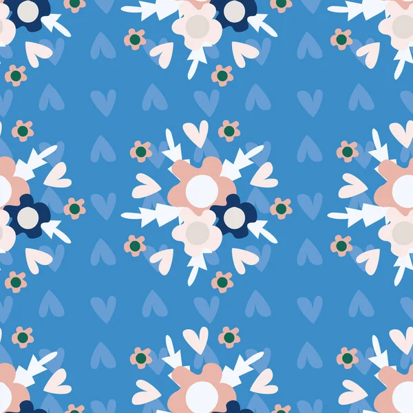 Wild meadow flowers seamless vector pattern background. Bouquets of florals blue pink backdrop. Folk country style geometric design. Modern all over print for garden and nature product concept. — Stock Vector