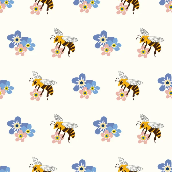 Honigbiene und Forget-me-not Blütenvektor nahtlose Muster Hintergrund. Fliegende Insekten und hübsche blau-rosa Blütenkulisse. Geometrisches Design von Gartenwanzen. Moderner Ganzdruck für Verpackungen, Schreibwaren — Stockvektor