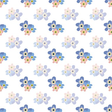 Vahşi çayır çiçekleri kusursuz vektör desenli arka plan. Unutma beni çiçekleri olmayan gruplar mavi beyaz arka plan. Botanik geometrik tasarım. Kumaş, ambalaj ve mutfak için her şey çok basit.