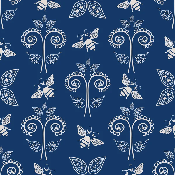 Stilisierte Honigbiene und Blumen nahtlose Vektormuster Hintergrund. Insekten- und Paisley-Stil floralen monochromen blausilbernen Hintergrund. Folk Country Schablonendesign. Geometrischer All-Over-Druck für Stoff — Stockvektor