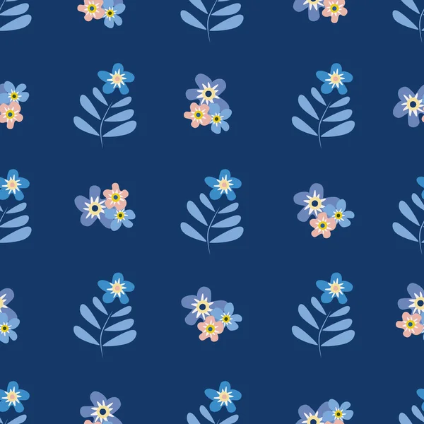 Fleurs de prairie sauvage fond vectoriel sans couture motif. Groupes de fleurs Forget-me-not rose fond bleu. Conception géométrique botanique. Impression simple et moderne pour tissu, emballage, cuisine — Image vectorielle