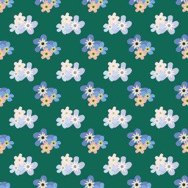 Vahşi çayır çiçekleri kusursuz vektör desenli arka plan. Unutma beni çiçekleri olmayan gruplar mavi yeşil zemin. Botanik geometrik tasarım. Kumaş, ambalaj ve mutfak için her şey çok basit.