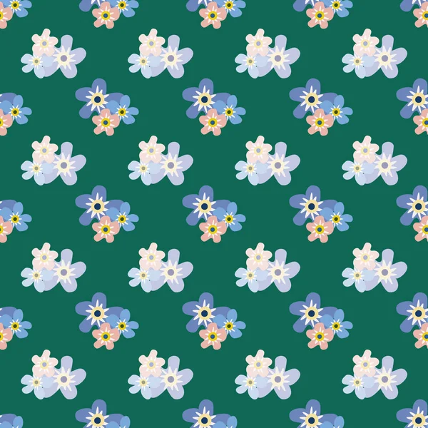 Wilde Wiesenblumen nahtlose Vektormuster Hintergrund. Gruppen von Vergissmeinnicht-Blumen blau-grünen Hintergrund. Botanisches geometrisches Design. Modern, einfach, All-Over-Druck für Stoff, Verpackung, Küche — Stockvektor