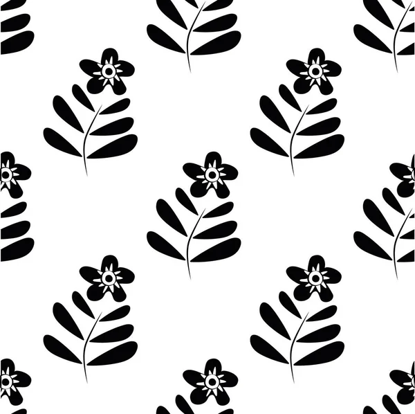 Zwart en wit wilde weide bloem naadloze vector patroon achtergrond. Met de hand getekende bloemen met stengel en bladeren eenvoudige achtergrond. Botanciële geometrische herhaling. Modern all over print voor welzijn concept — Stockvector