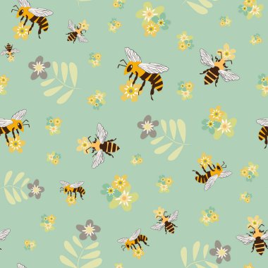 Vector bal arısı ve çayır çiçekleri kusursuz desenli arka plan. Uçan böceklerin çiçeklerden polen topladığı Retro renkli arka plan. Kumaş ya da kırtasiye malzemesi için her yerde halk tipi var.