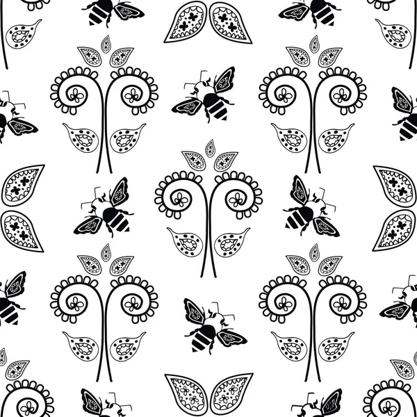 Gestileerde honingbij en bloemen naadloze vector patroon achtergrond. Formele achtergrond met zwart-wit vliegend insect en paisley stijl bloemstukken. Elegante geometrie over de hele print. — Stockvector